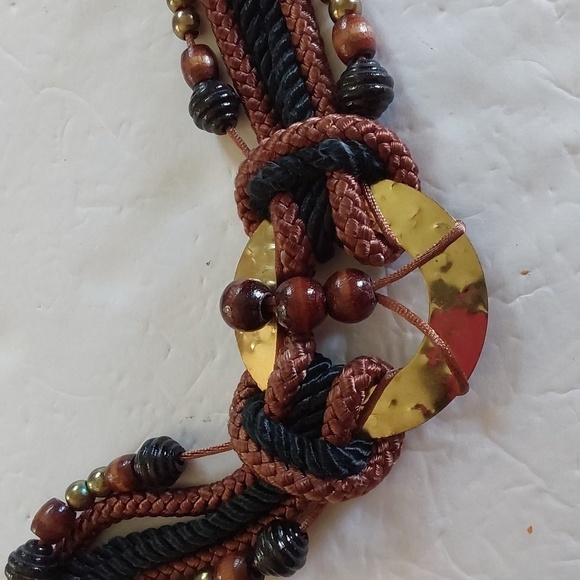 Women's Brown Cord Gold EMBLEM Beads Dress Belt Boho Neutral Sz. S/M - Picture 4 of 6